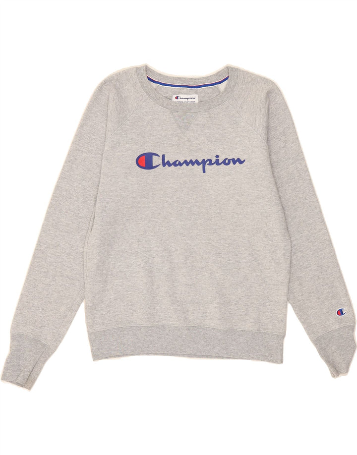 CHAMPION Womens Oversized Graphic Hoodie Jumper UK 10 Small Grey Polyester Vintage Champion and Second-Hand Champion from Messina Hembry 