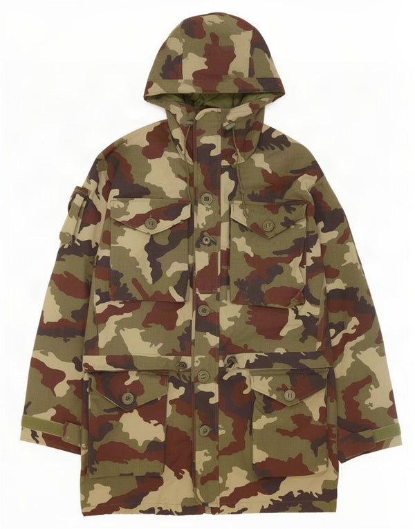 Vintage męska kurtka parka z kapturem i luźnym krojem UK 40, duży kamuflaż khaki