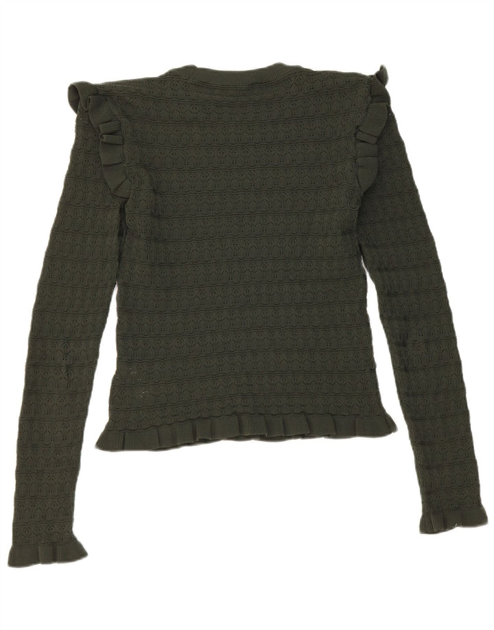 Damski top z krótkim rękawem Zara, krótki, falbany z przodu, z długim rękawem, UK 8, mały, khaki, poliester