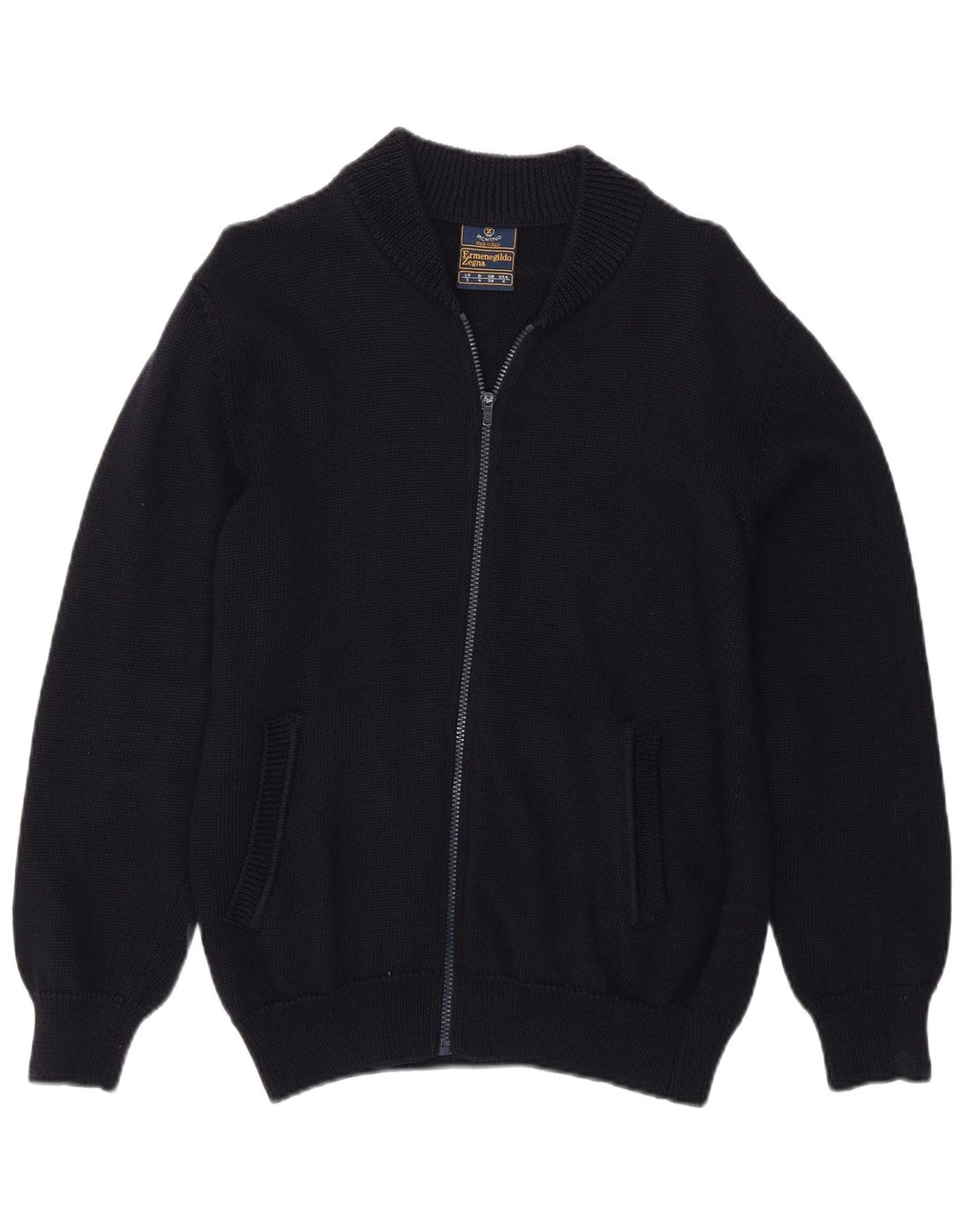 ERMENEGILDO ZEGNA Męski sweter rozpinany UK 36 Mały granatowy z dziewiczej wełny