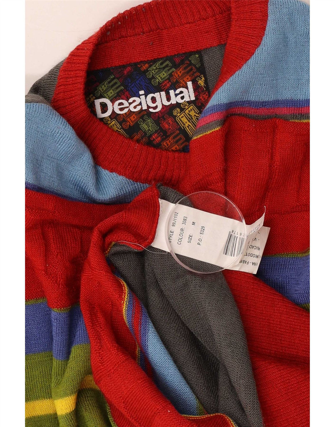Męski sweter Desigual z wycięciem pod szyją i średnimi wielobarwnymi paskami