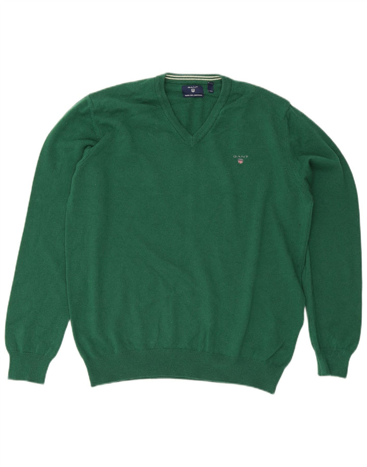 Męski sweter Gant z dekoltem w kształcie litery V, XL, zielona wełna