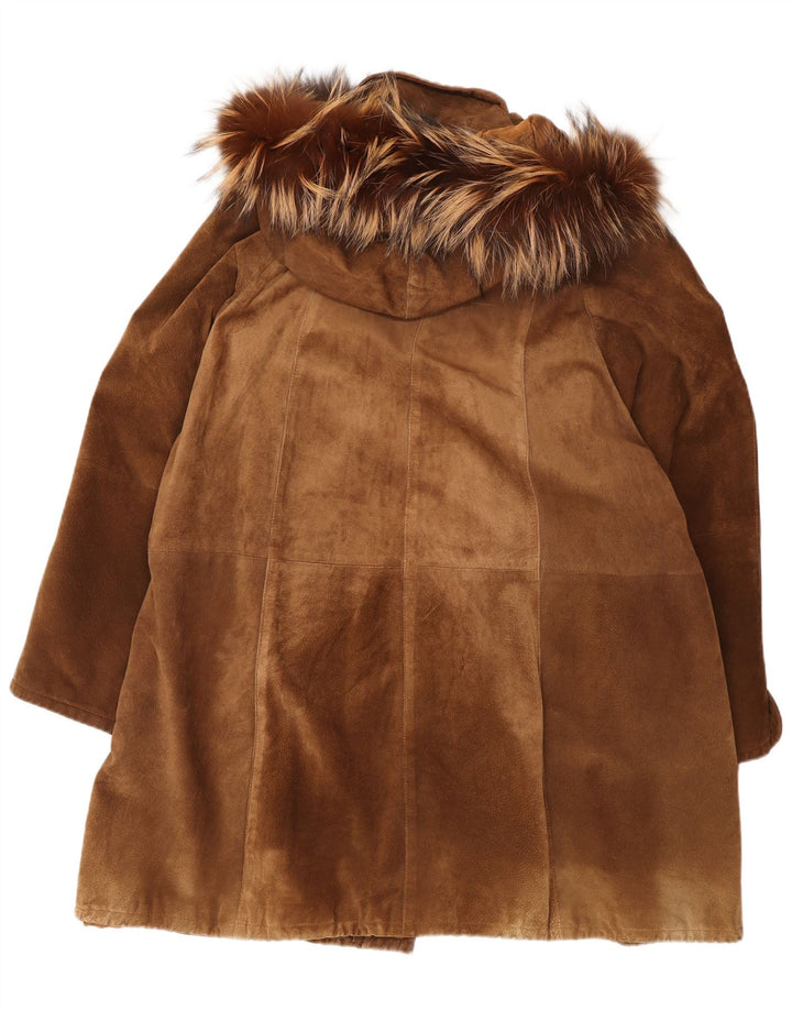 Vintage damski, oversize'owy, zamszowy płaszcz wiatrówka z kapturem IT 46, duży brązowy