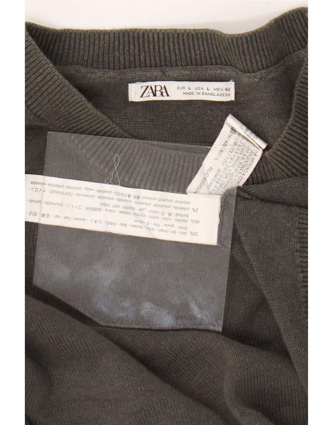 Męski sweter z okrągłym dekoltem Zara, duży, szary, lniany