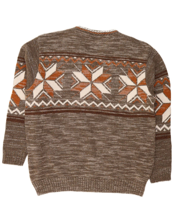 Vintage męski sweter z dekoltem w kształcie litery V, duży, khaki, Fair Isle, akryl