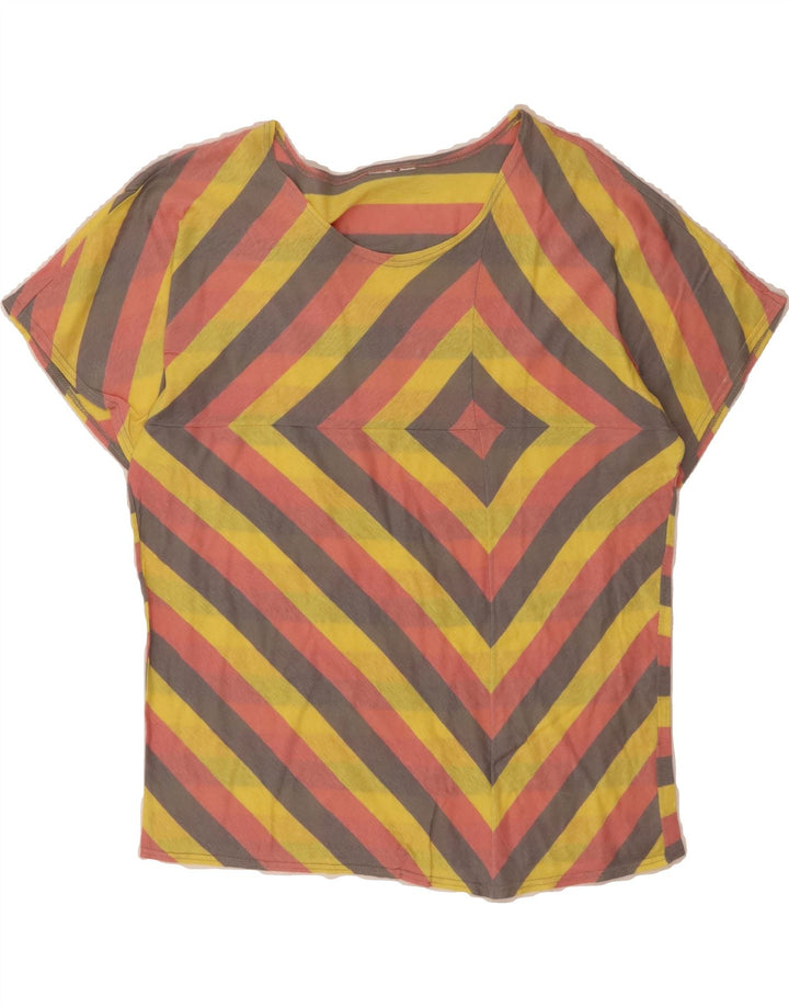 VINTAGE Womens T-Shirt Top UK 14 Medium Yellow Striped Vintage Vintage and Second-Hand Vintage from Messina Hembry 