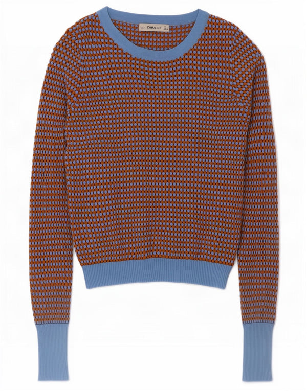 Damski sweter Zara z dekoltem w łódkę, UK 8, mały, brązowy, z blokami kolorów