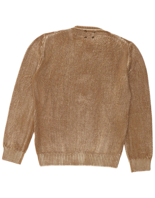 Męski sweter w stylu vintage z okrągłym dekoltem, duży, brązowy, geometryczny, z dziewiczej wełny