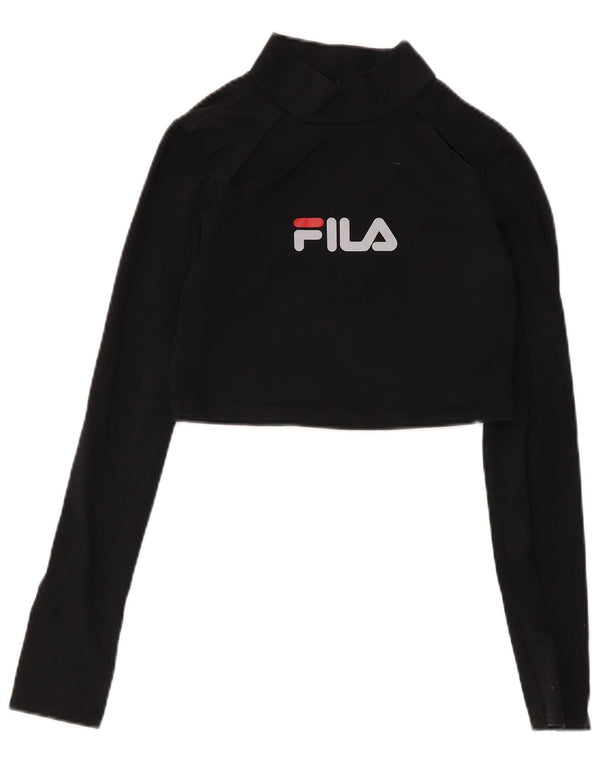 Damski krótki top Fila z grafiką, długim rękawem, UK 8, mały, czarny, bawełniany