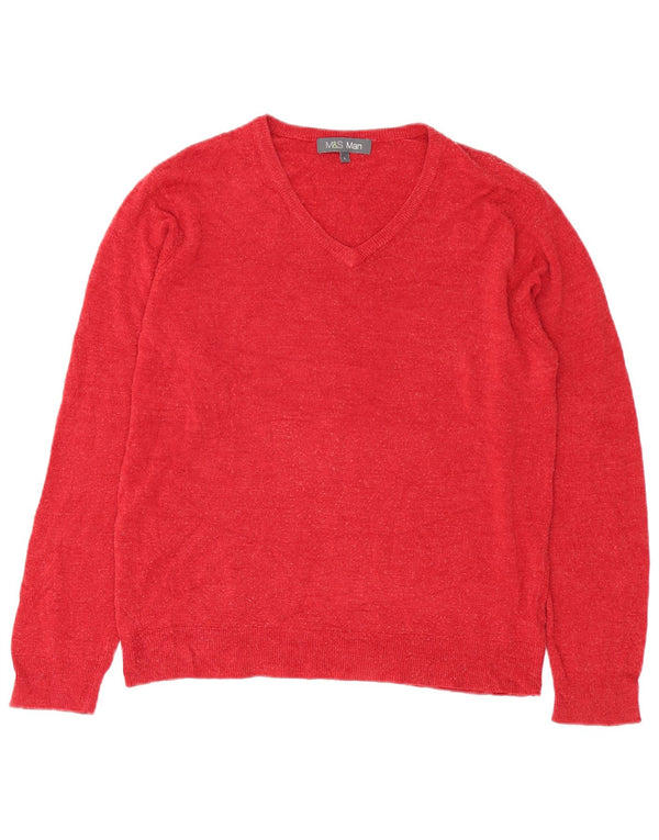 Marks & Spencer Męski sweter z dekoltem w kształcie litery V, duży, czerwony, akrylowy
