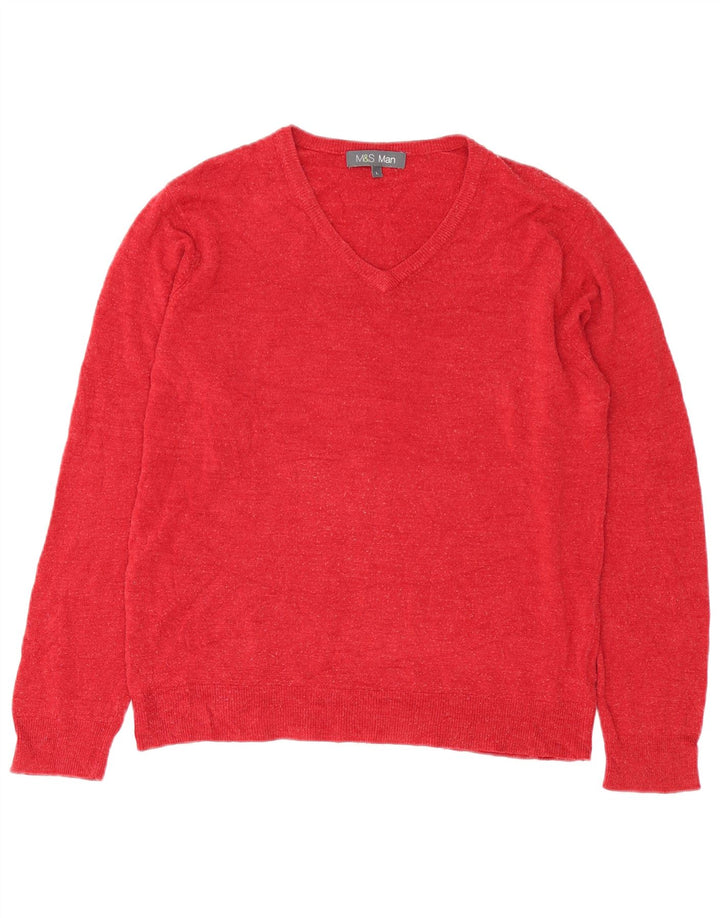 Marks & Spencer Męski sweter z dekoltem w kształcie litery V, duży, czerwony, akrylowy