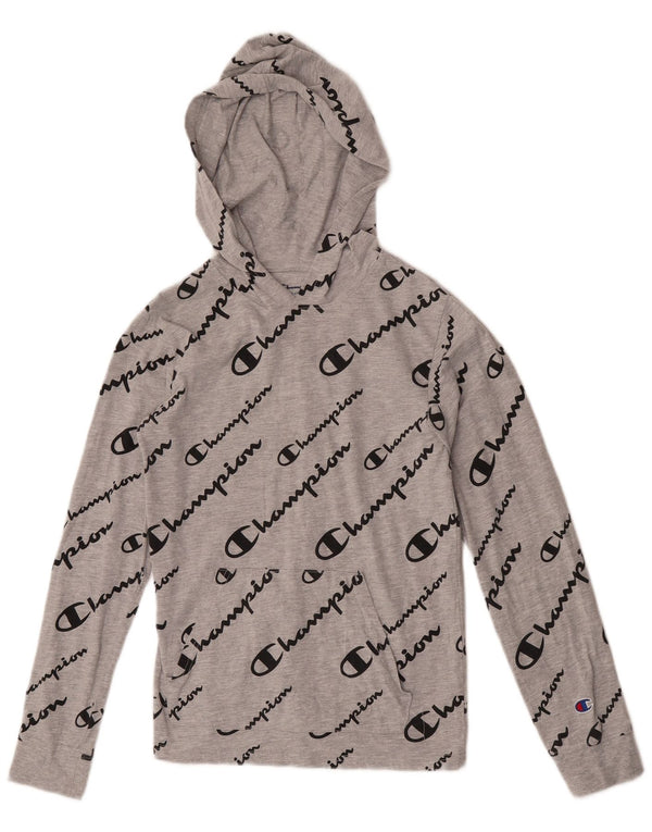 Champion Womens Crop Hooded Graphic Top Long Sleeve UK 14 Large Grey Cotton