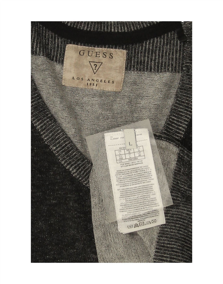 GUESS Mens V-Neck Jumper Sweater Large Grey Colourblock Cotton Vintage Guess and Second-Hand Guess from Messina Hembry 