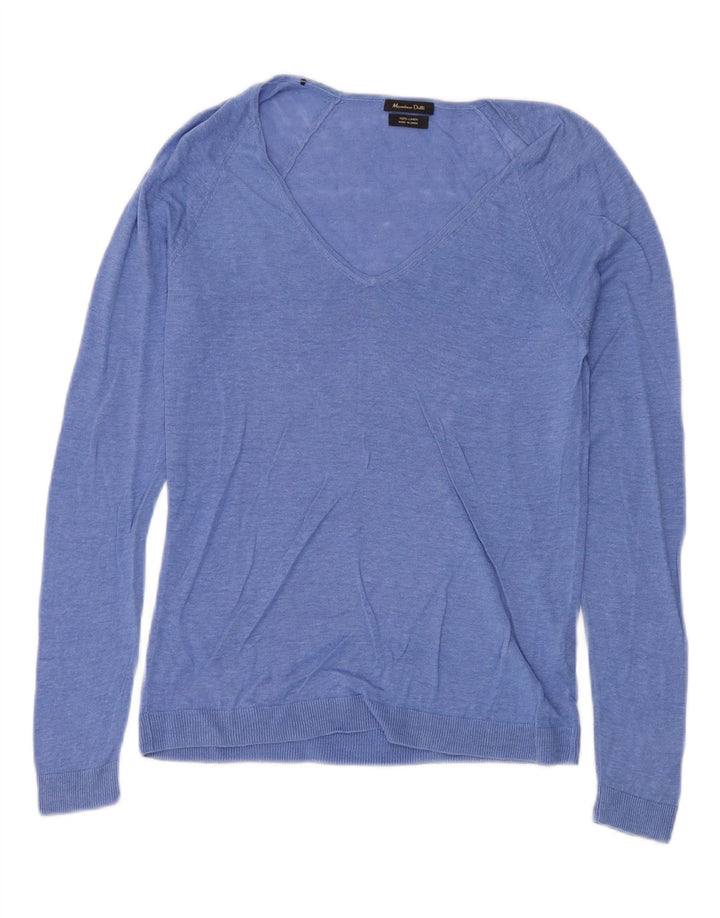Damski sweter Massimo Dutti z dekoltem w kształcie litery V, UK 12, średni niebieski lniany