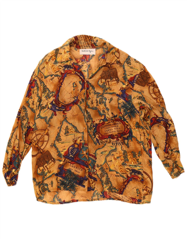 Damska bluzka koszulowa oversize w stylu vintage z grafiką UK 16, duża, beżowa, octanowa