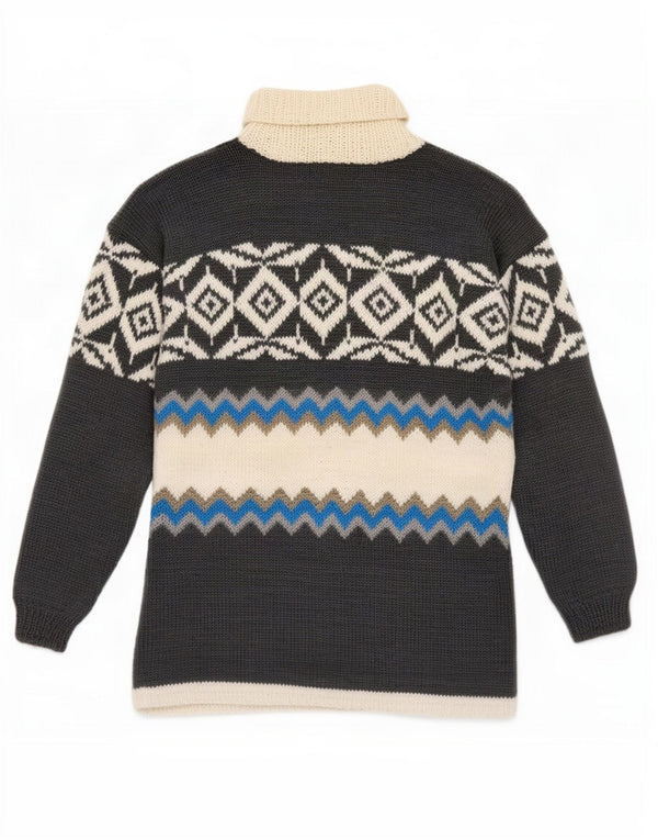 Vintage męski sweter z wywijanym dekoltem, mały szary geometryczny