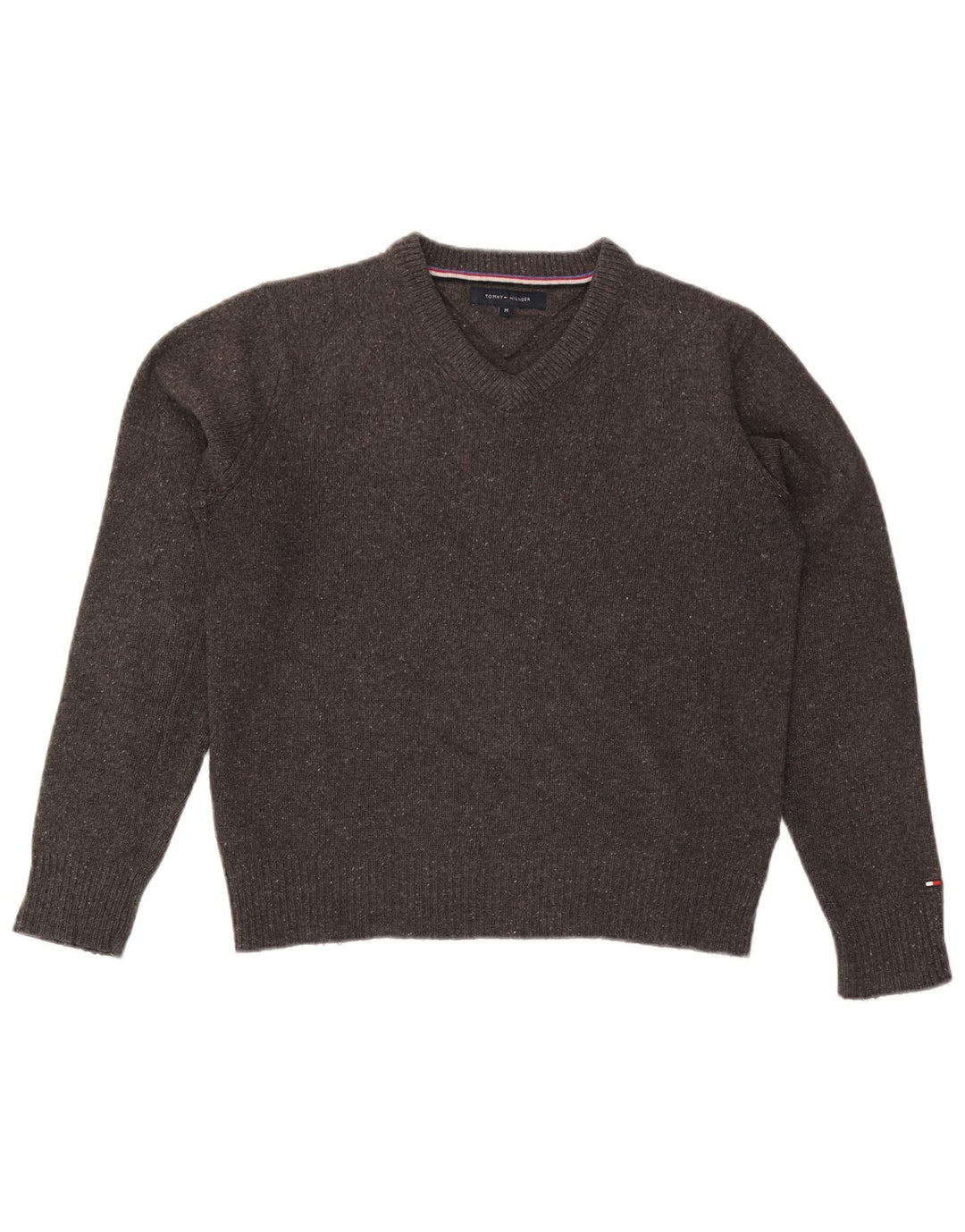 Męski sweter Tommy Hilfiger z dekoltem w kształcie litery V, średnioszary, wełniany w cętki