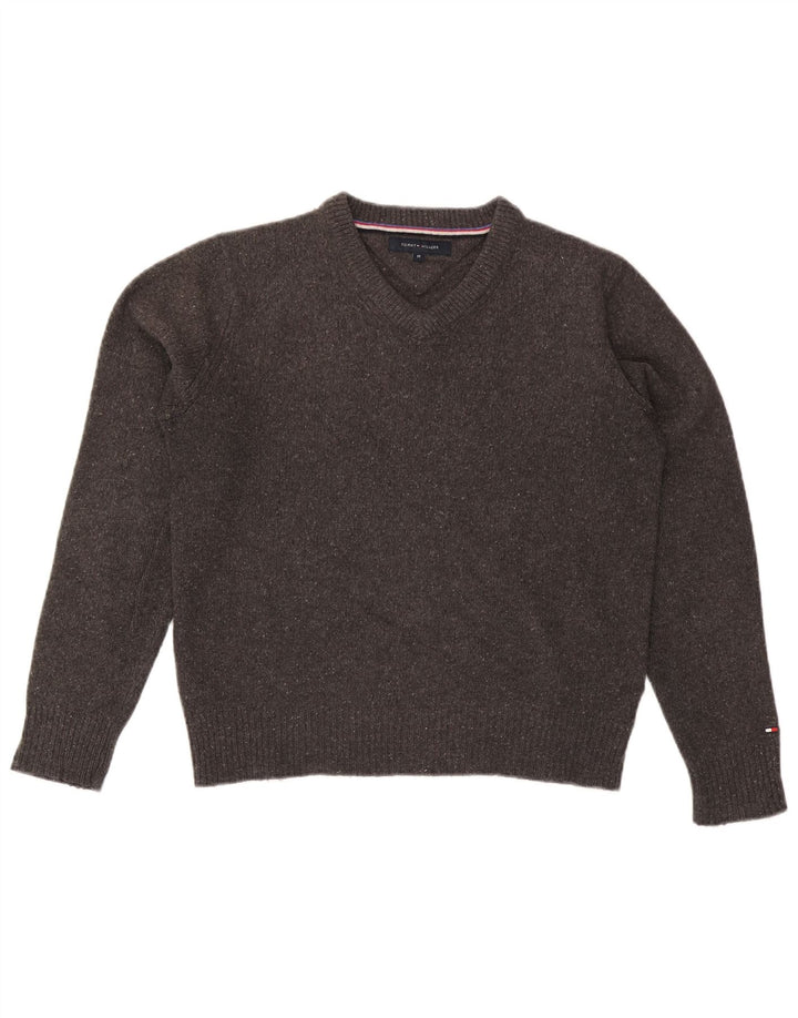 Męski sweter Tommy Hilfiger z dekoltem w kształcie litery V, średnioszary, wełniany w cętki