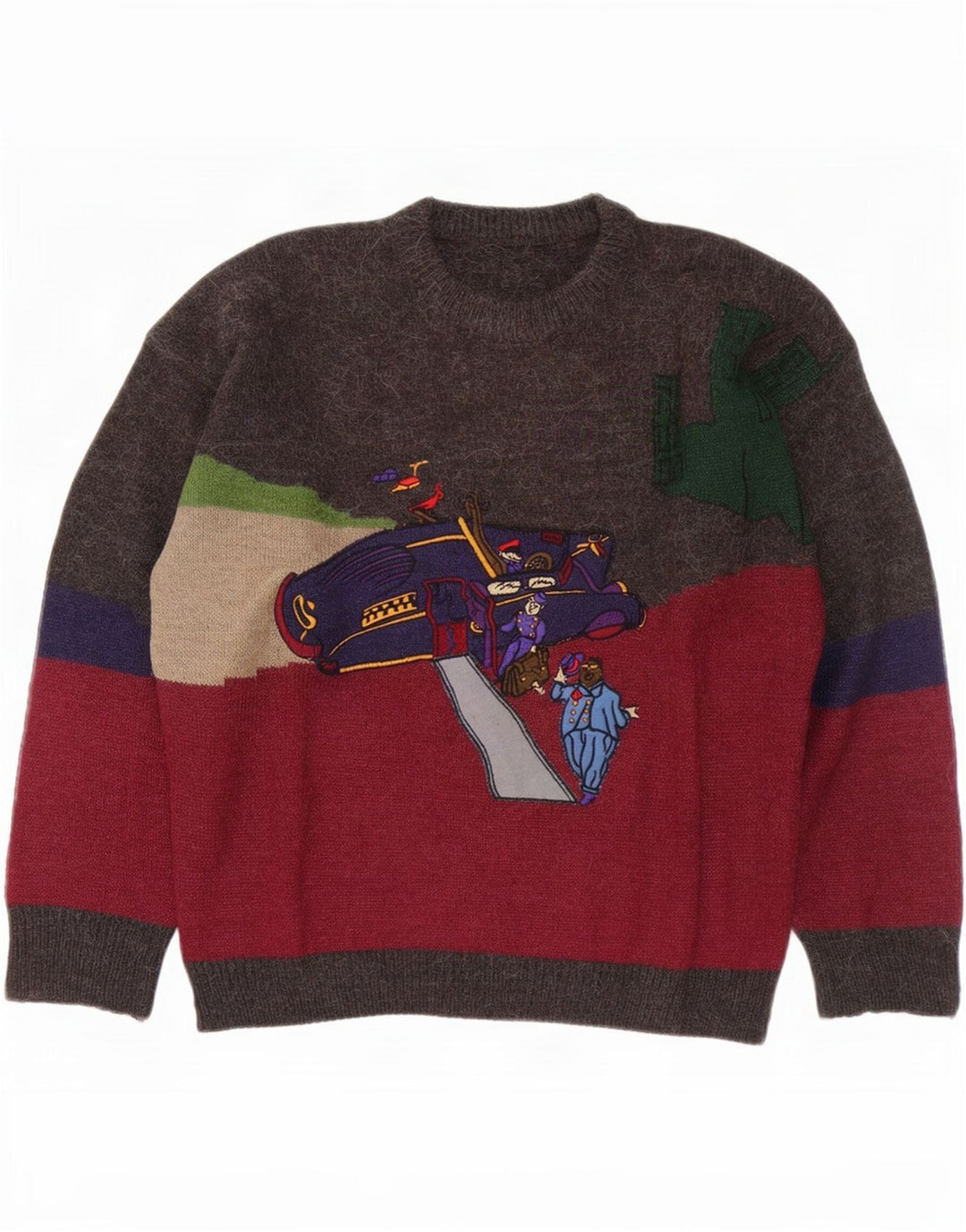 Męski sweter w stylu vintage z okrągłym dekoltem, duży, wielobarwny blok kolorów