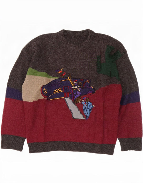 Męski sweter w stylu vintage z okrągłym dekoltem, duży, wielobarwny blok kolorów