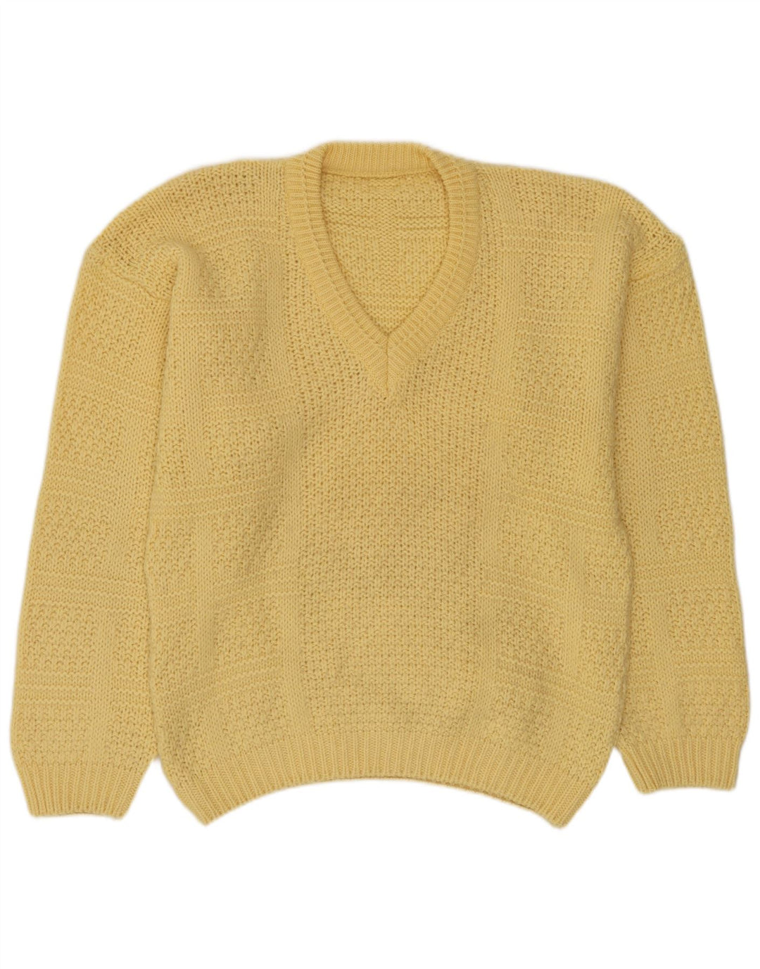Sweter męski w stylu vintage z dekoltem w szpic, średniej żółtej wełny