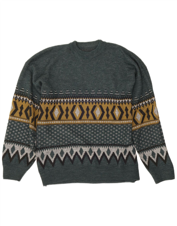 Vintage męski sweter z wycięciem pod szyją, duży, zielony, geometryczny