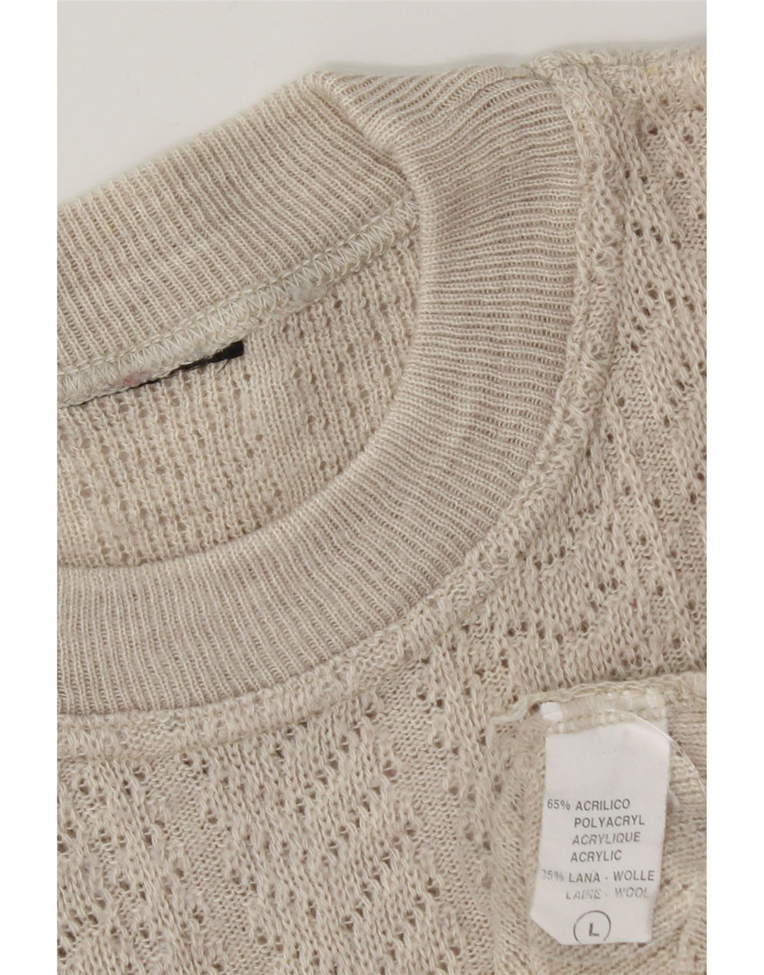 Vintage męski sweter z wycięciem pod szyją, duży beżowy Argyle/diamentowy akryl