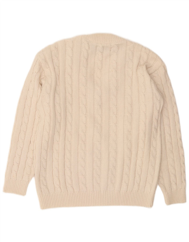 Vintage męski sweter z dekoltem w kształcie litery V, średni, złamany biały akryl