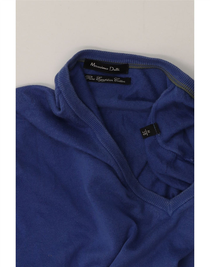 Męski sweter Massimo Dutti z dekoltem w kształcie litery V, średnioniebieski, bawełniany