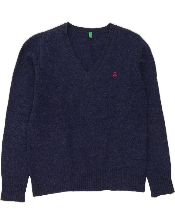 BENETTON Womens V-Neck Jumper Sweater UK 12 Medium Navy Blue Wool Vintage Benetton and Second-Hand Benetton from Messina Hembry 