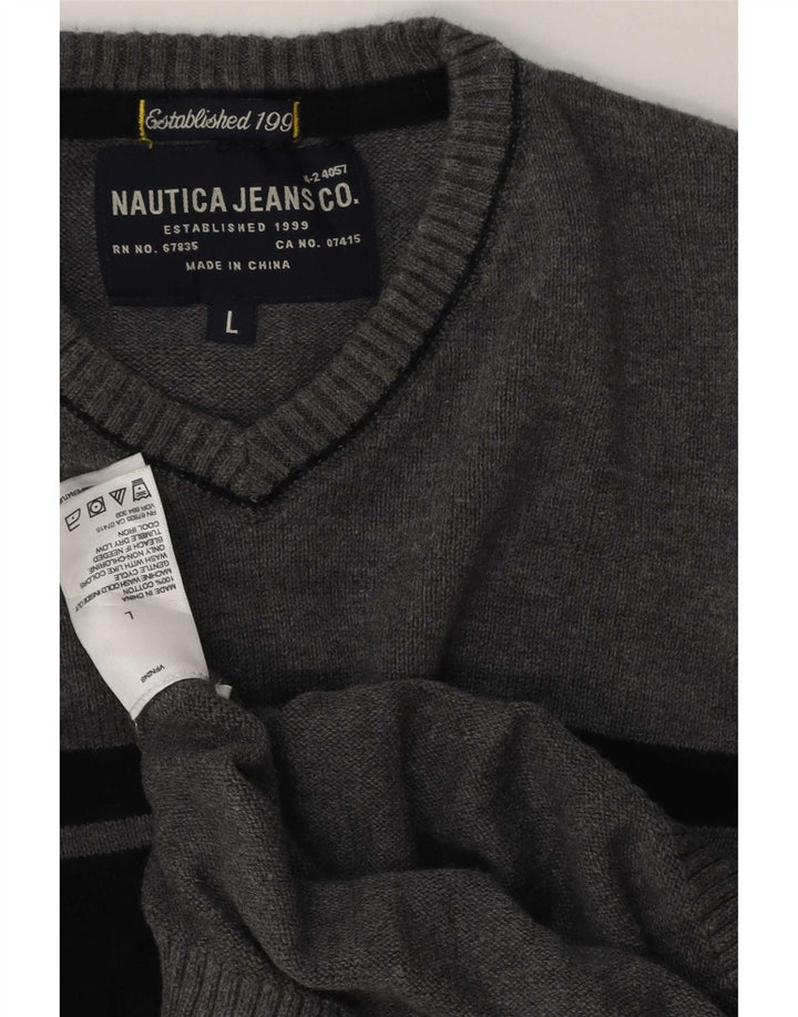Męski sweter Nautica z dekoltem w kształcie litery V, duży, szary, bawełniany