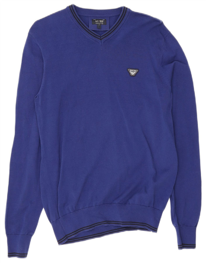 Męski sweter Armani Jeans z dekoltem w kształcie litery V, bawełniany w średnie niebieskie paski