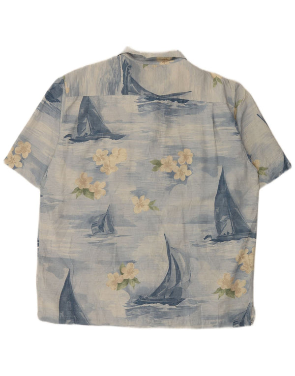 Koszula męska z krótkim rękawem w stylu vintage XL, niebieska, z jedwabiu w kwiaty