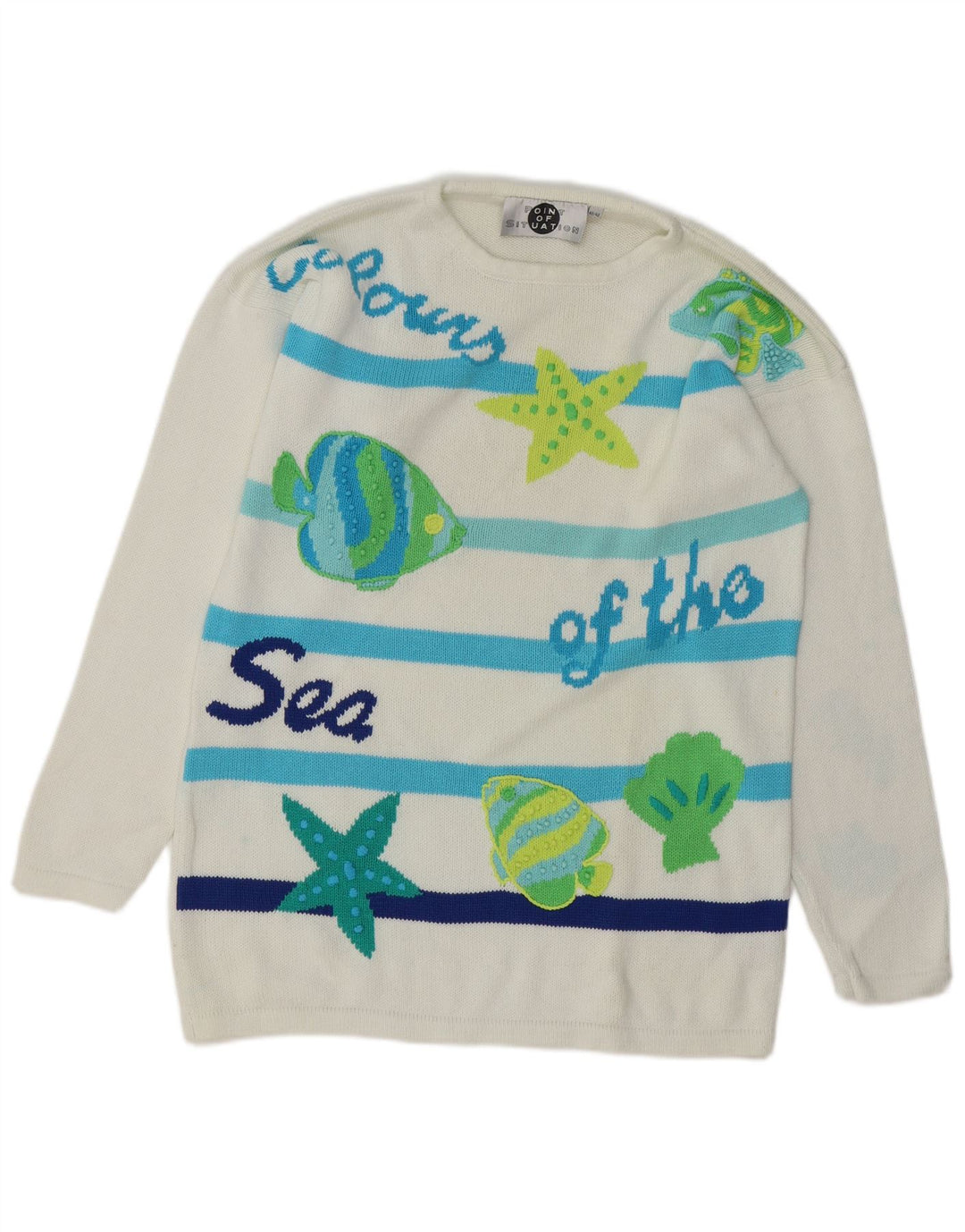 Damski sweter VINTAGE z graficznym wycięciem pod szyją EU 40, średnie białe paski