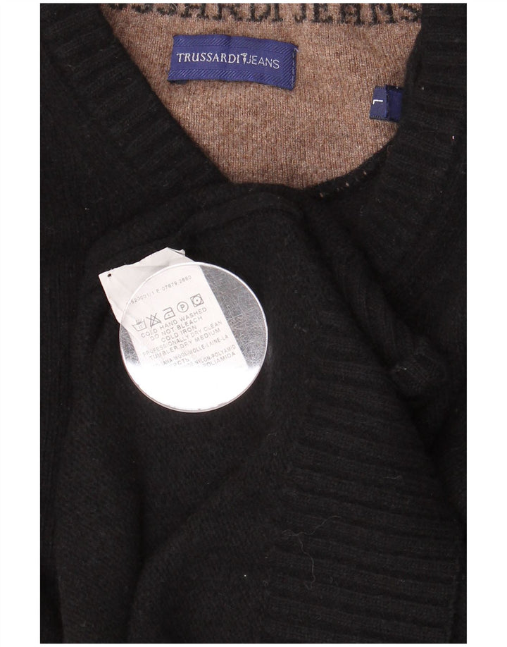 TRUSSARDI JEANS Męski sweter z dekoltem w kształcie litery V, duży, czarny, wełniany