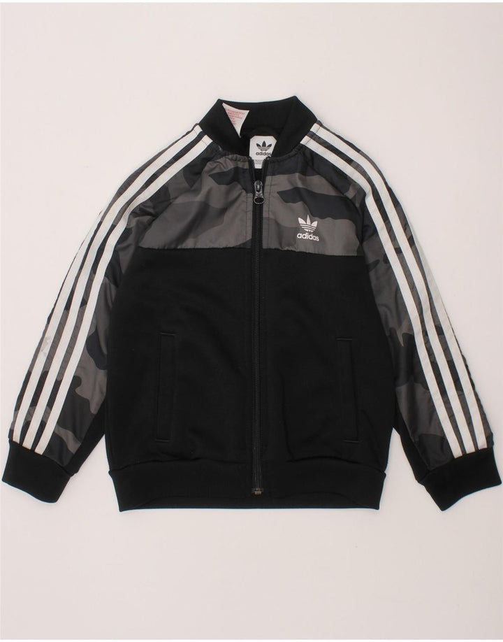 ADIDAS Boys Tracksuit Top Jacket 5-6 Years Black Camouflage Polyester