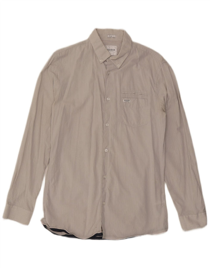 GUESS Mens Slim Fit Shirt Medium Grey Pinstripe Cotton