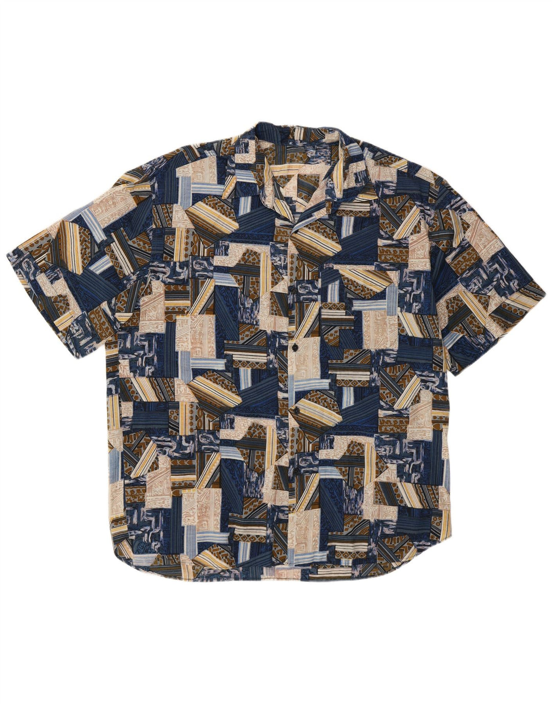 Vintage męska koszula z krótkim rękawem XL, niebieska patchworkowa