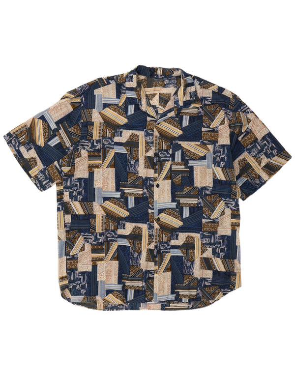 Vintage męska koszula z krótkim rękawem XL, niebieska patchworkowa