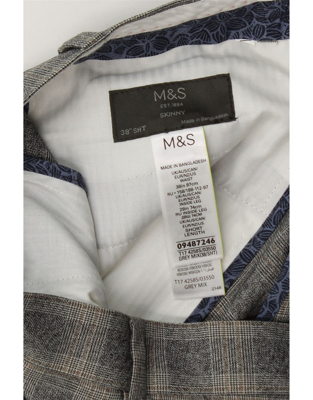 Męskie spodnie garniturowe Marks & Spencer W38 L29 Szara krata, poliester