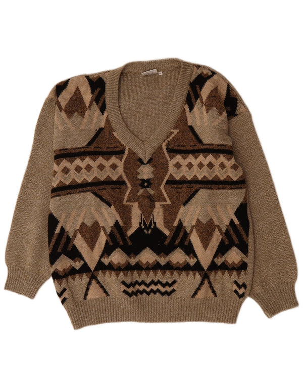VINTAGE Męski sweter z dekoltem w kształcie litery V, XL, brązowy, geometryczny