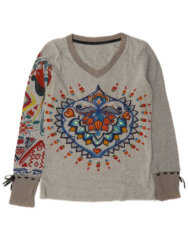 Desigual damski top graficzny z długim rękawem, UK 14, średnioszary, bawełniany w kwiaty