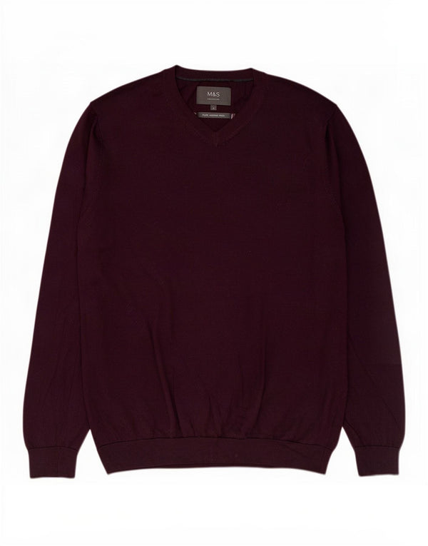 Marks & Spencer Męski sweter z dekoltem w kształcie litery V XL, bordowa wełna merynosów