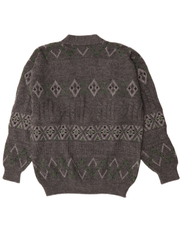 Sweter męski w stylu vintage, duży, szary, geometryczny, wełniany