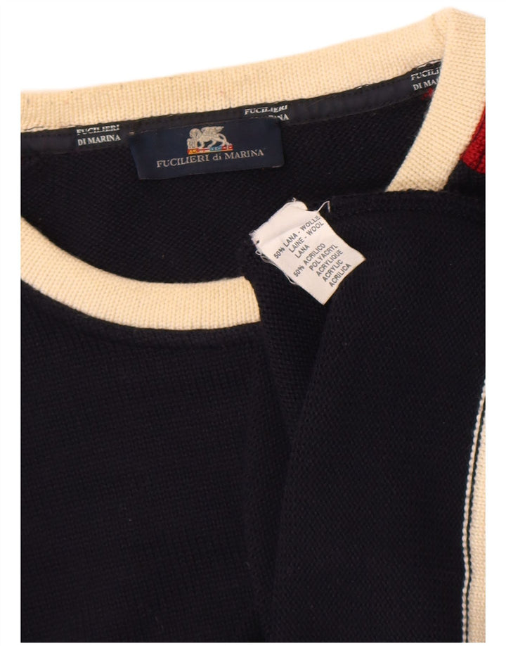 Vintage męski sweter z okrągłym dekoltem, mały, granatowy, wełniany blok kolorów