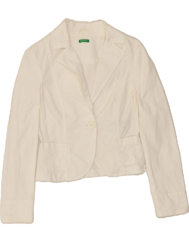 BENETTON Womens 1 Button Crop Blazer Jacket UK 8 Small White Vintage Benetton and Second-Hand Benetton from Messina Hembry 