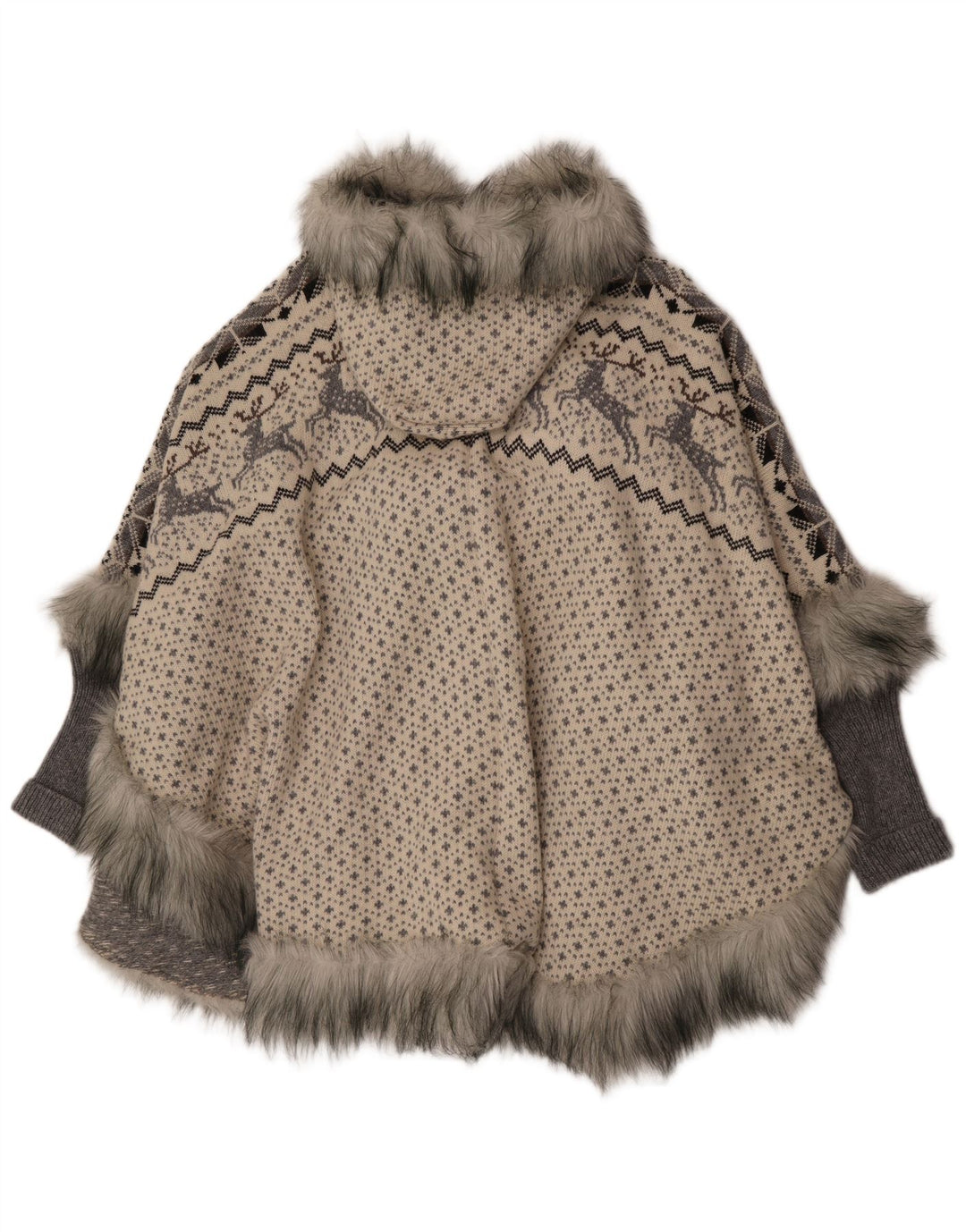 Vintage damski płaszcz ponczo z kapturem, z kapturem UK 16, duży, szary Fair Isle