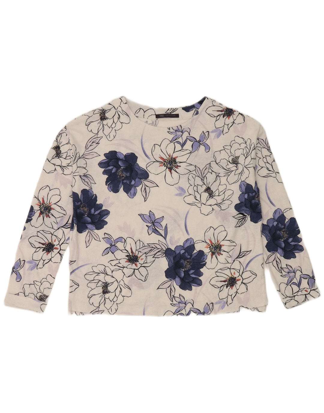 Marks & Spencer Damski top oversize z długim rękawem, UK 8, mały, biały w kwiaty