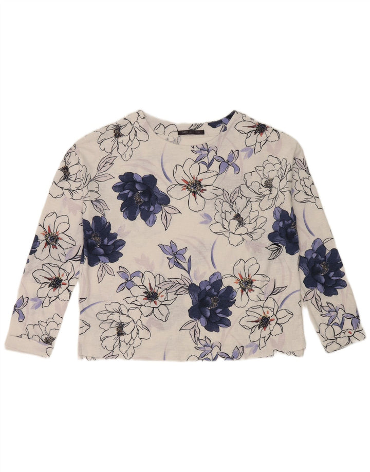 Marks & Spencer Damski top oversize z długim rękawem, UK 8, mały, biały w kwiaty