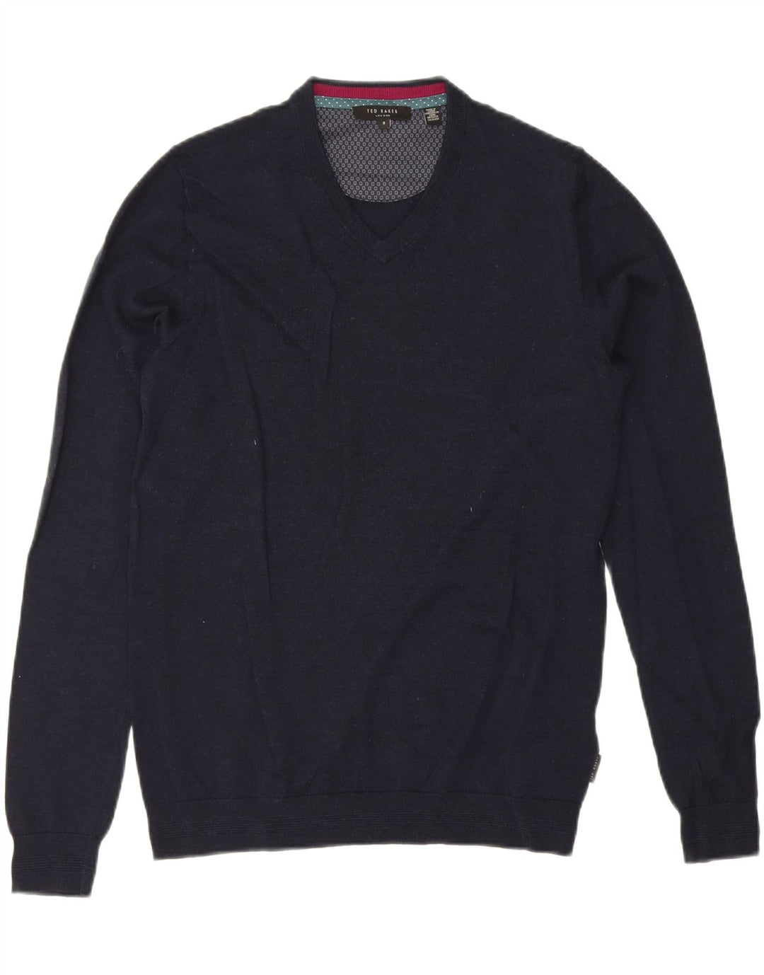 TED BAKER Męski sweter z dekoltem w kształcie litery V, rozmiar 3, średni granatowy, wełna merynosów
